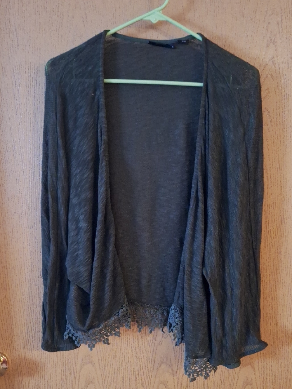 attention Dark Green Open-Front Cardigan with Lace Hem